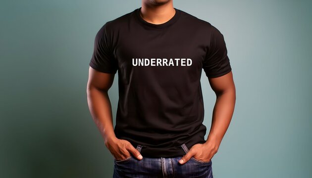 Man wearing T-shirt screening  UNDERRATED - means someone or something rated or evaluated too low; underestimated or undervalued