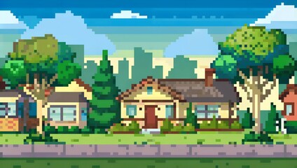 Obraz premium 1950s suburban neighborhood during daytime pixel art background. 8-bit game assets
