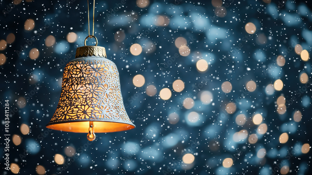 Poster navidad bells on the snow. beautiful hanging christmas bell with intricate patterns glows softly in 