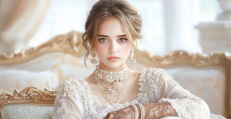 Fototapeta premium Elegant young woman adorned in intricate jewelry and traditional attire, sitting gracefully in a lavishly decorated room with luxurious furnishings and soft natural light.
