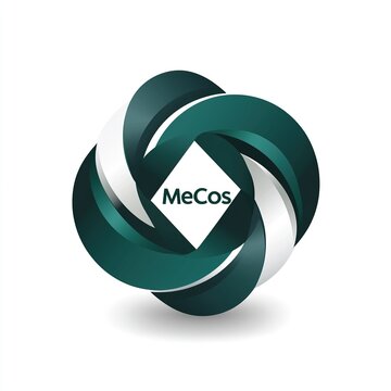 Abstract Logo with Intertwined Green and White Shapes and the Word "MeCos" in a Diamond