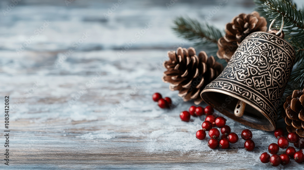 Poster navidad bells on the snow. rustic bell with intricate patterns surrounded by pinecones and berries, 