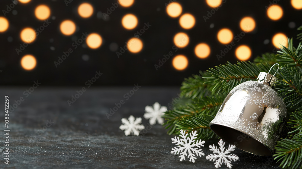 Aufkleber navidad bells on the snow. rustic silver bell rests on dark surface surrounded by pine needles and s