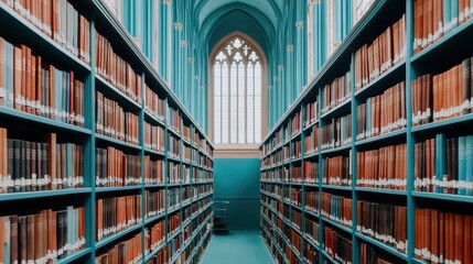 Obraz premium Beautifully designed library interior showcasing tall bookshelves filled with colorful books, elegant archways, and stunning gothic windows illuminating the space