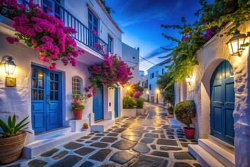 Fototapeta premium Captivating Night Photography of Mykonos Street with White Walls and Blue Doors, Illuminated by Moonlight, Showcasing Greek Architecture and Charming Atmosphere