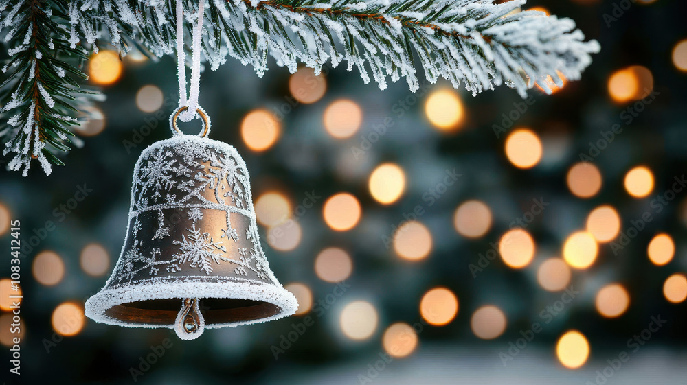 Poster navidad bells on the snow. snow dusted christmas bell hanging from frosted tree branch, creating fes