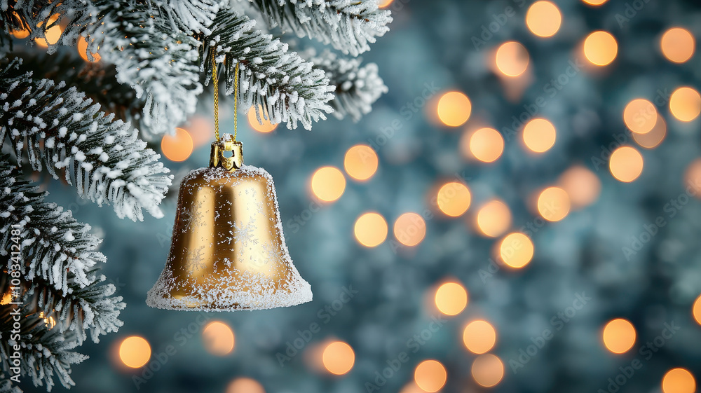 Poster navidad bells on the snow. snow dusted golden bell hangs on frosted pine tree, creating festive atmo