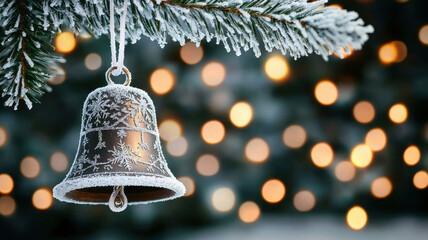 Navidad bells on the snow. snow dusted Christmas bell hanging from frosted tree branch, creating festive atmosphere with blurred lights in background