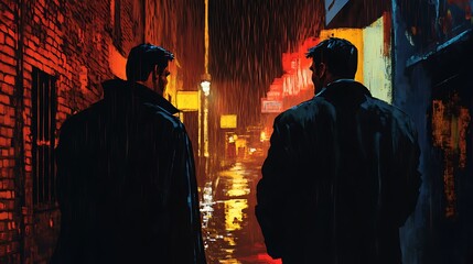 Obraz premium Vintage comic Dramatic Dramatic Vintage Comic Showdown in Rainy Alley