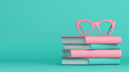 Fototapeta premium Vibrant Stack of Colorful Books with Pink Glasses on Top Against a Soft Turquoise Background for Educational and Creative Imagery