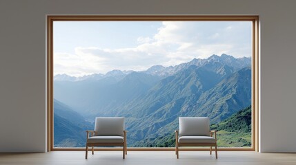 Fototapeta premium Serene Living Room with Two Chairs Overlooking Breathtaking Mountain Landscape through Large Window in Modern Minimalist Design