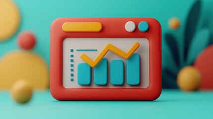 SEO Search and conversion concept. A colorful 3D graph displaying growth, with stylized bars and a line, set against a vibrant background of abstract shapes.