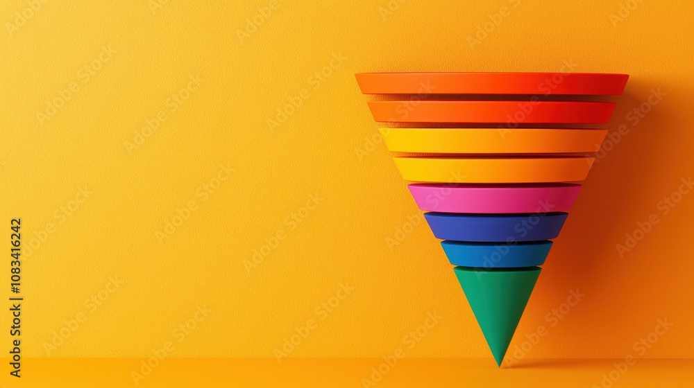 Poster seo search and conversion concept. a colorful arrangement of layered paper in a cone shape against a
