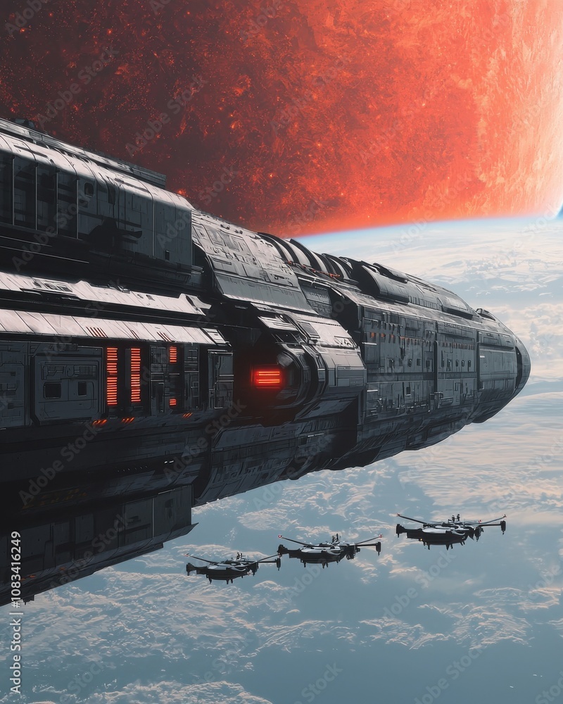 Poster spaceship fleet engaging in battle outer space digital art sci-fi environment aerial view futuristic