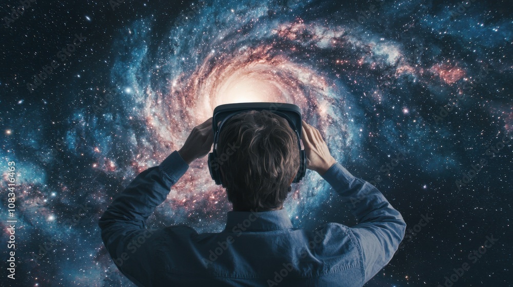 Poster Exploring virtual reality in space galaxy simulation technology immersive environment overhead view innovation