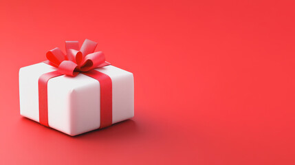 Obraz premium Elegant White Gift Box with Red Ribbon and Bow Against a Vibrant Red Background Perfect for Celebrations, Holidays, Birthdays, or Special Occasions
