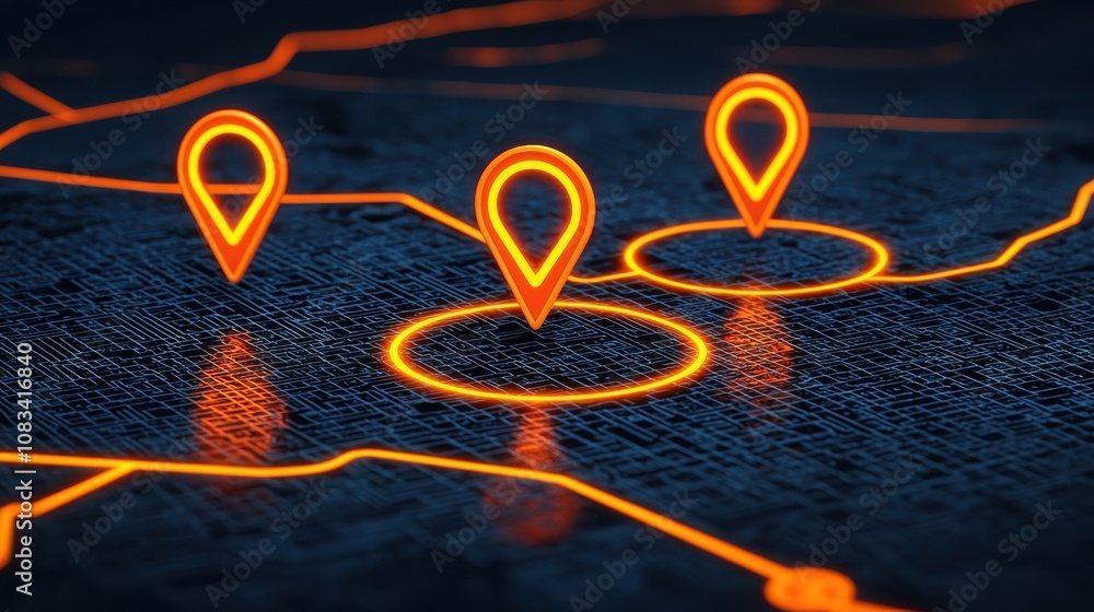 Poster seo search and conversion concept. a digital representation of location markers interconnected by gl
