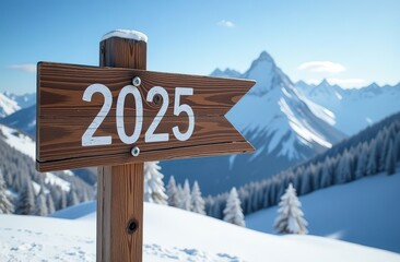 2025 written on a wooden direction sign, snowy mountain landscape on the background, ski holidays new year card
