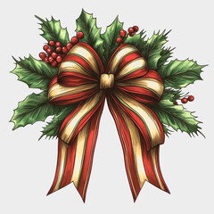 Fototapeta premium Elegant Holiday Decoration with Festive Red and Gold Bow Surrounded by Green Holly Leaves and Bright Berries for Seasonal Celebrations and Greeting Cards