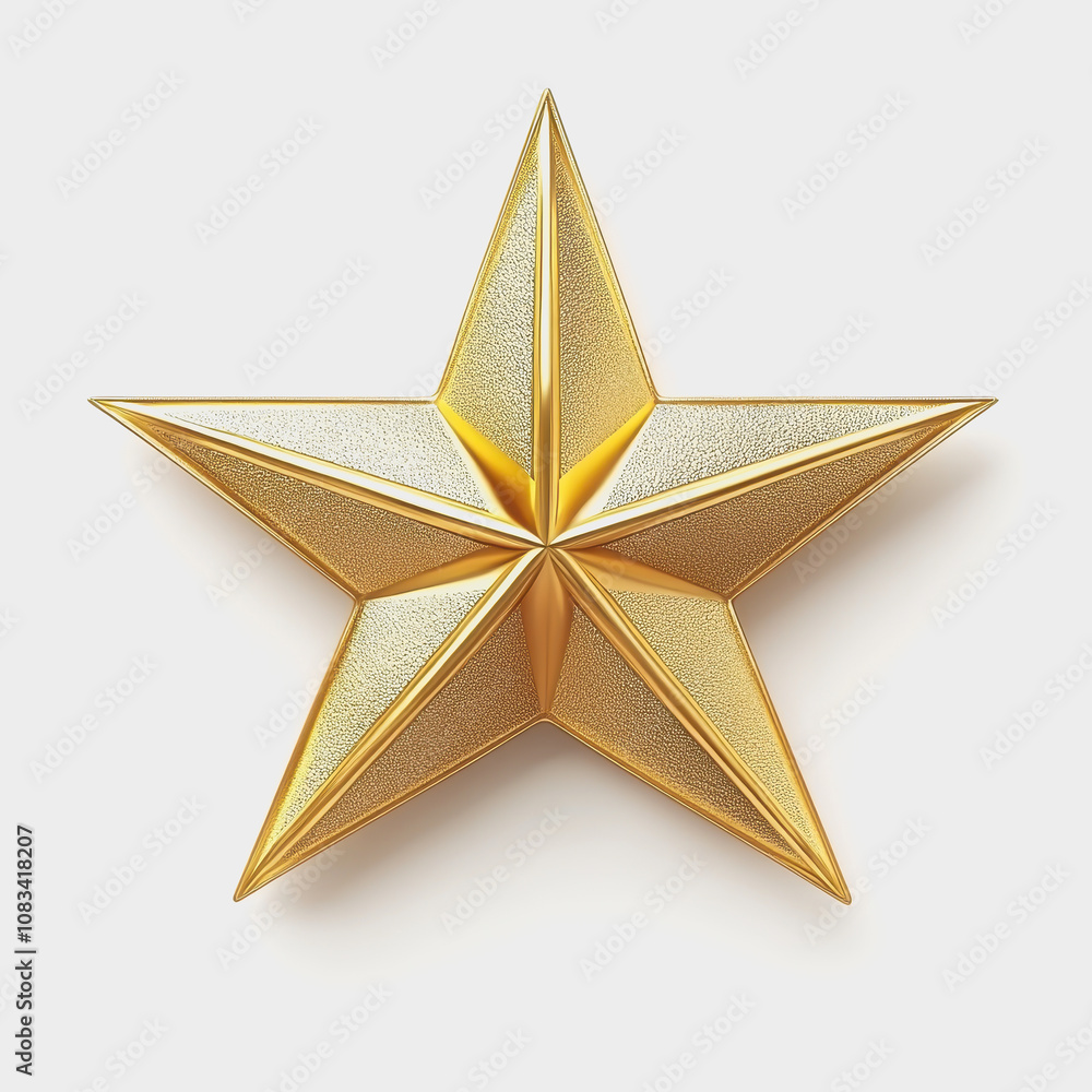 Poster golden three-dimensional star shape with sharp points and textured surface ideal for decoration and 