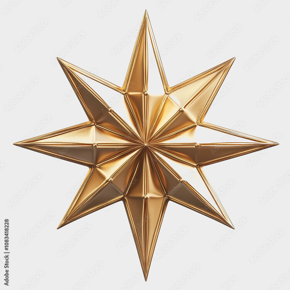 Poster golden eight-pointed star design with sharp, angular points, reflecting light and creating a strikin