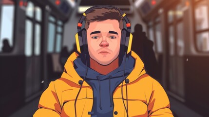 Fototapeta premium A man in a yellow jacket wearing headphones enjoys music while sitting comfortably in a subway car.
