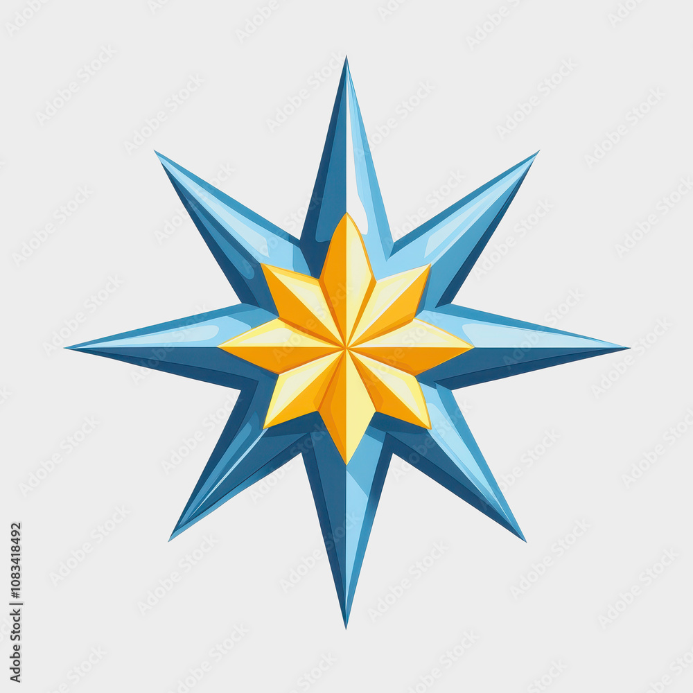 Poster radiant star illustration in bright blue and yellow colors with sharp points and geometric design fo