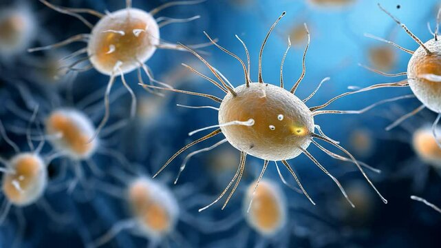 This exploration takes you on a fascinating journey into the world of single-celled organisms. Witness their intricate structures and movement against a stunning backdrop.