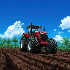 Obraz premium Powerful Red Tractor on Tropical Farmland Agriculture Machinery Farming Scene