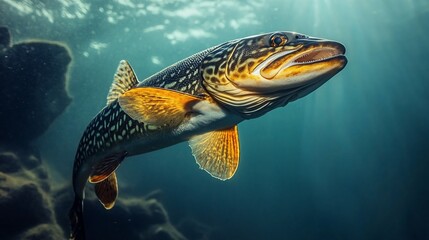Obraz premium Underwater close-up of a lake trout swimming.
