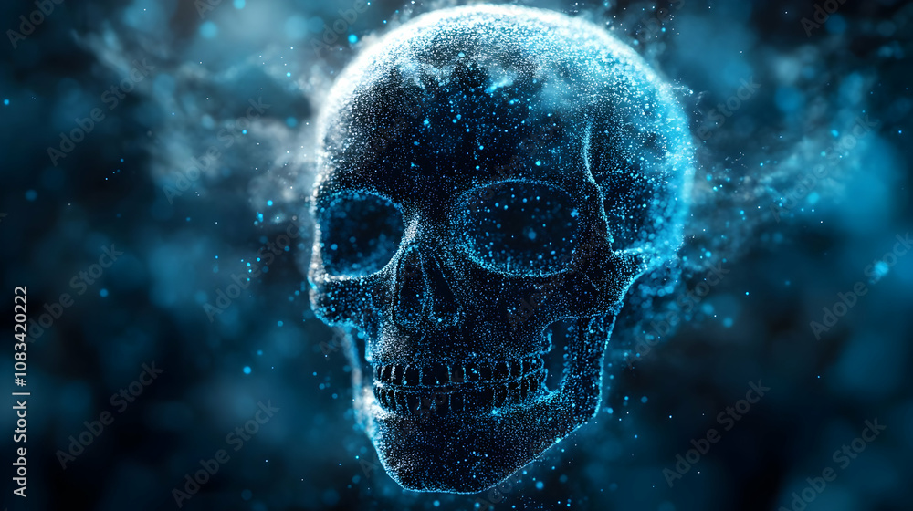 Poster glowing particle skull 3d render