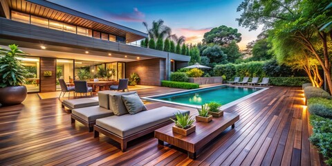 Fototapeta premium Modern Sleek Wooden Deck with Outdoor Seating and Pool Surrounded by Lush Landscaped Garden in Contemporary Residence