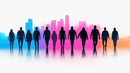 Diverse Silhouettes Walking City Skyline Teamwork Success