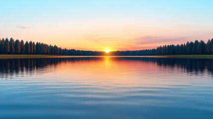 Fototapeta premium Serene Lake at Sunrise Surrounded by Lush Green Forest and Reflecting Beautiful Colors of Morning Sky in Tranquil Nature Scene