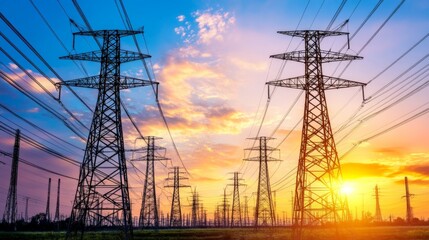 Panoramic View of Electric Poles at Golden Hour