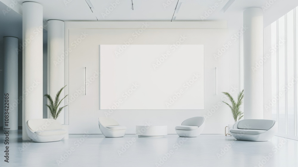 Poster a futuristic minimalist showcase adorned with a white canvas backdrop, innovative furniture arrangem