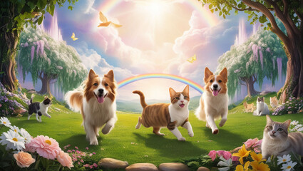 Dogs and cats living in a heavenly paradise, playing, running around in a beautiful fairy forest with ethereal clouds, a rainbow bridge, and nice sunshine. Idea of animals living beyond death in love.