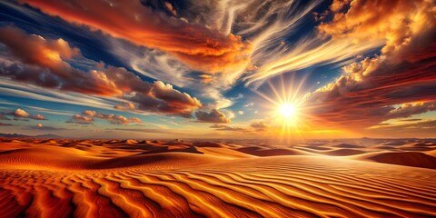 The Burning Sands, Blazing Sun Over Red and Gold Deserts with Heat Mirages