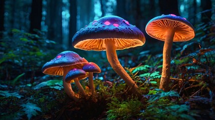 Fototapeta premium Enchanted Forest with Glowing Bioluminescent Mushrooms in a Dreamlike, Misty Wonderland V4