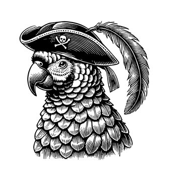 recommend clip art: parrot pirate hat engraving black and white outline