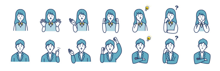 若い男女の様々な表情とポーズイラストセット