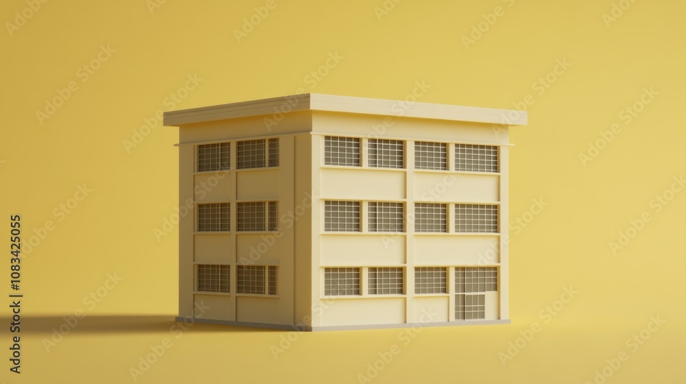 Poster a simple yellow building model with multiple windows and a door.
