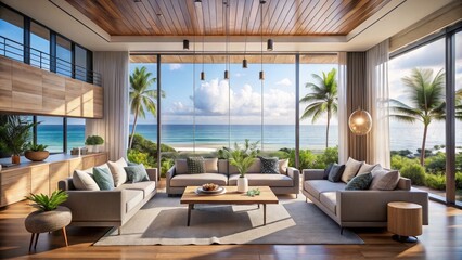 Fototapeta premium Serene Ocean View from a Modern Tropical Home Interior - Relaxing Coastal Living, Tranquil Decor, Scenic Landscape, Contemporary Design, Beach House Vibes