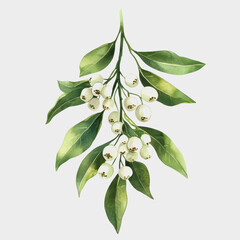 Fototapeta premium Lush Green Mistletoe Branch with White Berries Against a Light Background, Perfect for Holiday-Themed Illustrations and Seasonal Greeting Cards