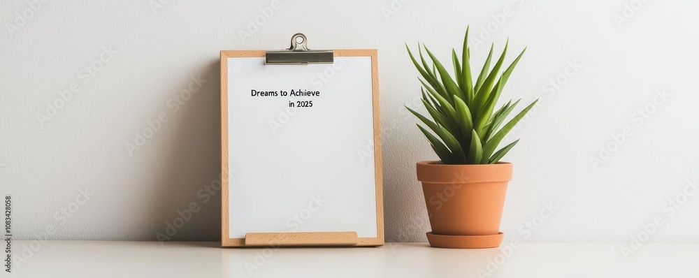 Poster new year plan 2025 and resolutions concept. a minimalist desk setup featuring a clipboard with a bla