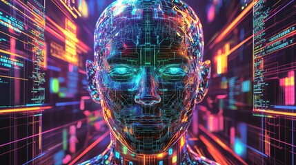 striking digital human face that embodies the fusion of technology and data, featuring a sleek design with LED-like features and intricate patterns that glow. Data streams flow around the face