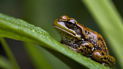 Obraz premium Detailed macro shot of a colorful frog perched on a vibrant green leaf with water droplets, in a natural environment.