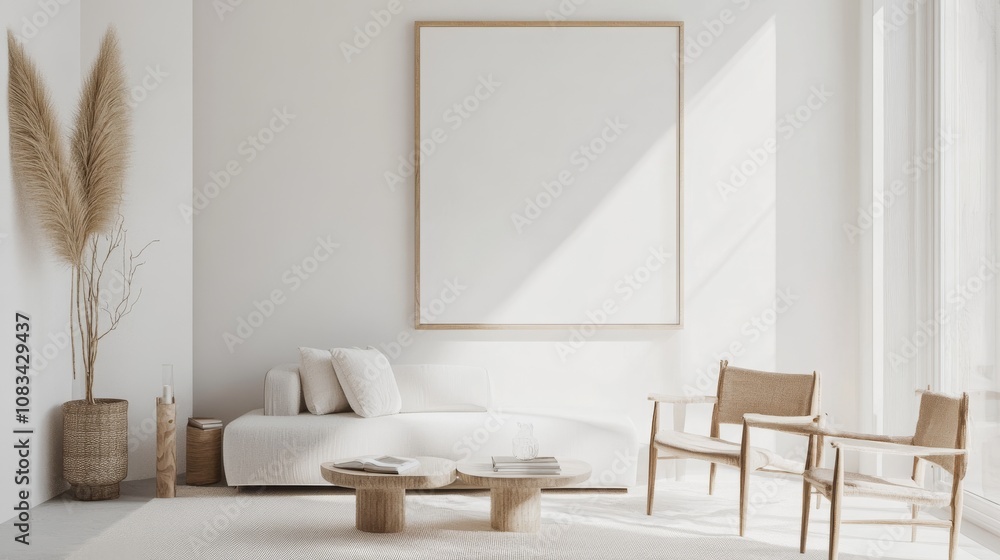 Poster a minimalist and inviting living room design featuring a white canvas backdrop, simple furniture pla