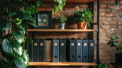 Fototapeta premium Organized office binders on a wooden shelf, accompanied by plants, creating a fresh and tidy workspace environment