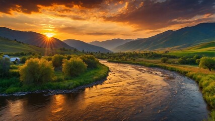 Naklejka premium SunsetValleyBackgrounds, MountainSunsetVisuals, ScenicTwilightLandscapes, GoldenHourNatureDesigns 